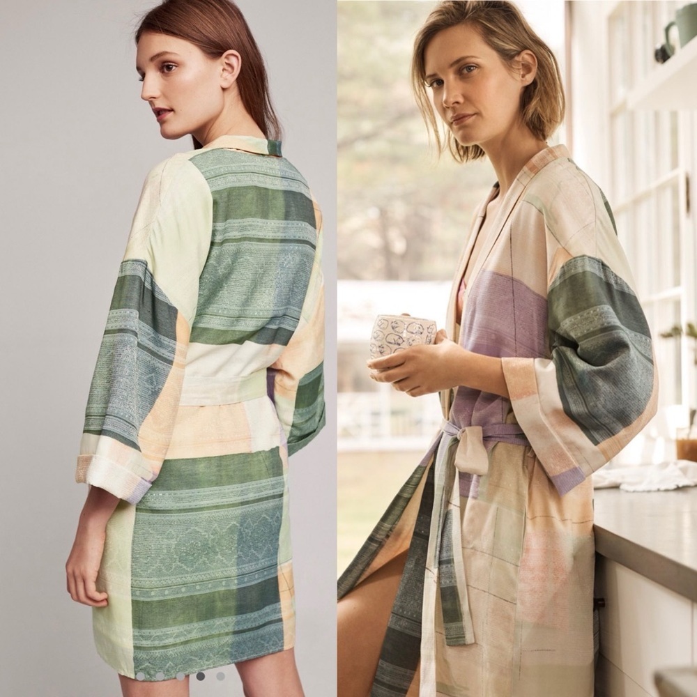 Anthropologie Watercolor Pastel Patchwork Plaid Robe - Picture 1 of 6
